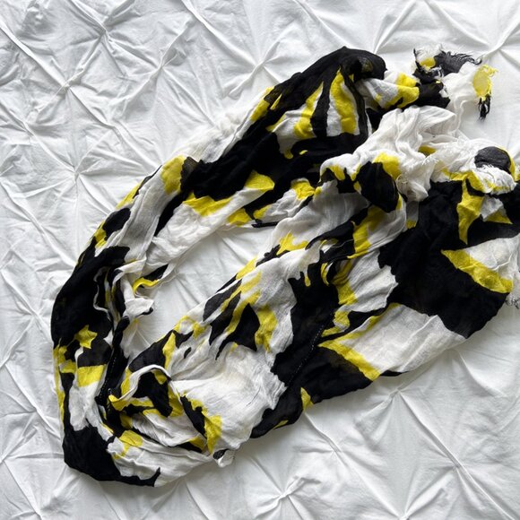 Express Vintage Floral Print Black White & Neon Yellow Fringed Lightweight Scarf - Picture 5 of 6